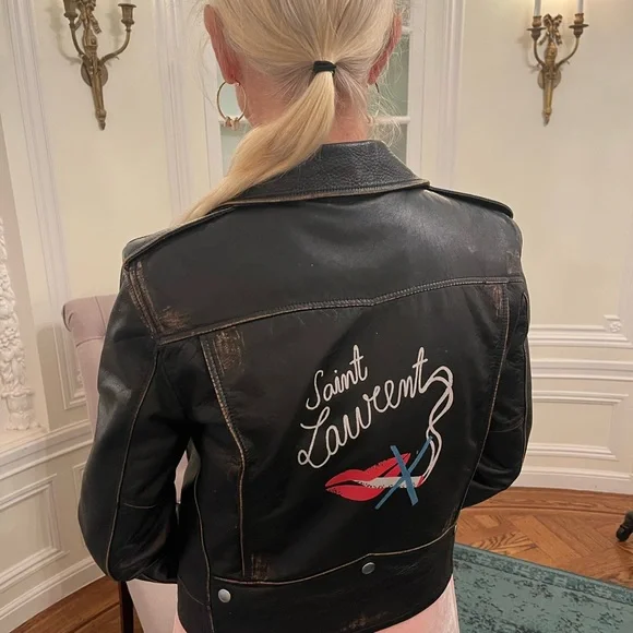 Saint Laurent Black Leather Biker Jacket with No Smoking Jacket Graphic
